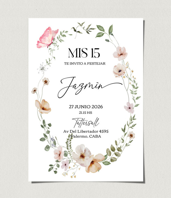 tarjetas-invitaciones-digitales-interactivas-cumpleaños-15-años-dulces-16-bat-mitzvah-original-elegante-flores-del-jardin-mariposa-wildflower