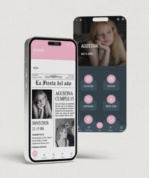 invitaciones-digitales-interactivas-cumpleaños-15-años-dulces-16-bat-mitzvah-original-elegante-periodico-diario-rosa