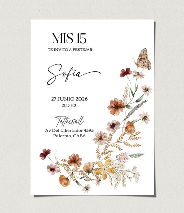 tarjetas-invitaciones-digitales-interactivas-cumpleaños-15-años-dulces-16-bat-mitzvah-original-elegante-flores-del-jardin-mariposa-wildflower
