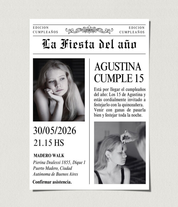 tarjetas-invitaciones-digitales-interactivas-cumpleaños-15-años-dulces-16-bat-mitzvah-original-elegante-periodico-diario