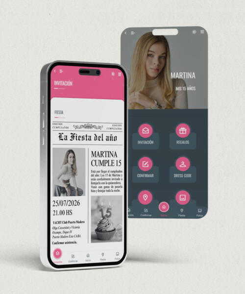 invitaciones-digitales-interactivas-cumpleaños-15-años-dulces-16-bat-mitzvah-original-elegante-periodico-diario-fucsia
