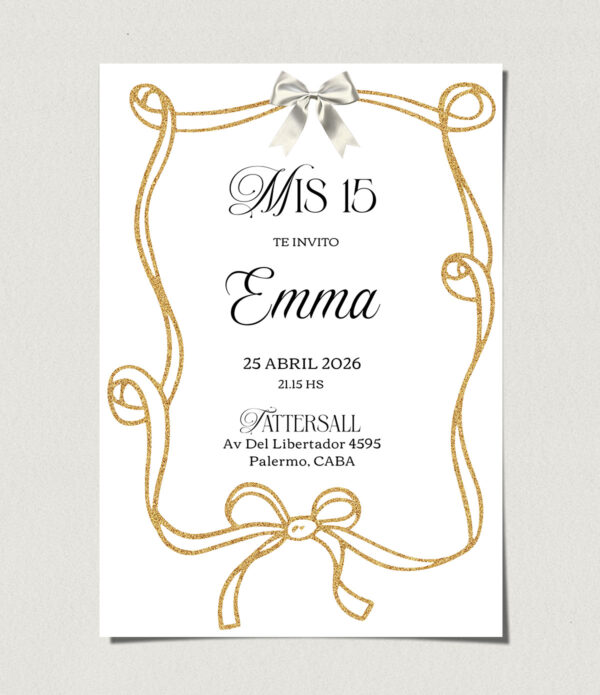 tarjetas-invitaciones-digitales-interactivas-cumpleaños-15-años-dulces-16-bat-mitzvah-original-elegante-moño-glitter-dorado