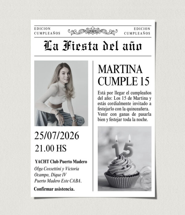 tarjetas-invitaciones-digitales-interactivas-cumpleaños-15-años-dulces-16-bat-mitzvah-original-elegante-periodico-diario