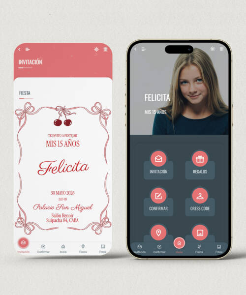 Invitación digital 15 años coquette cerezas + APP