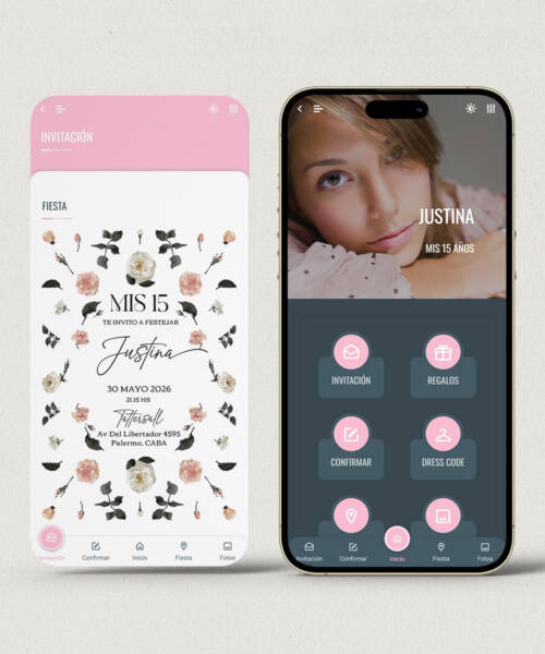 Invitación digital 15 años flores rosas + APP