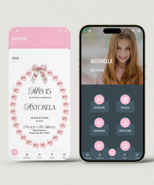 Invitación digital 15 años rococó rosas + APP